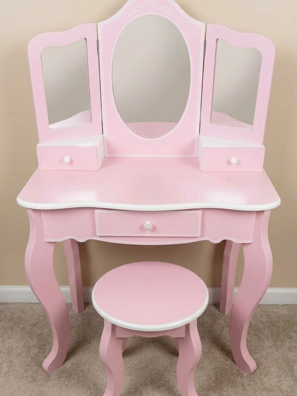 Pink Kids Vanity Table and Stool with Tri-Fold Mirror